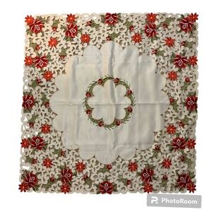 Rose Floral Table Cloth 33" X 33" Ivory Satin Red Embroidered Dresser Scarf